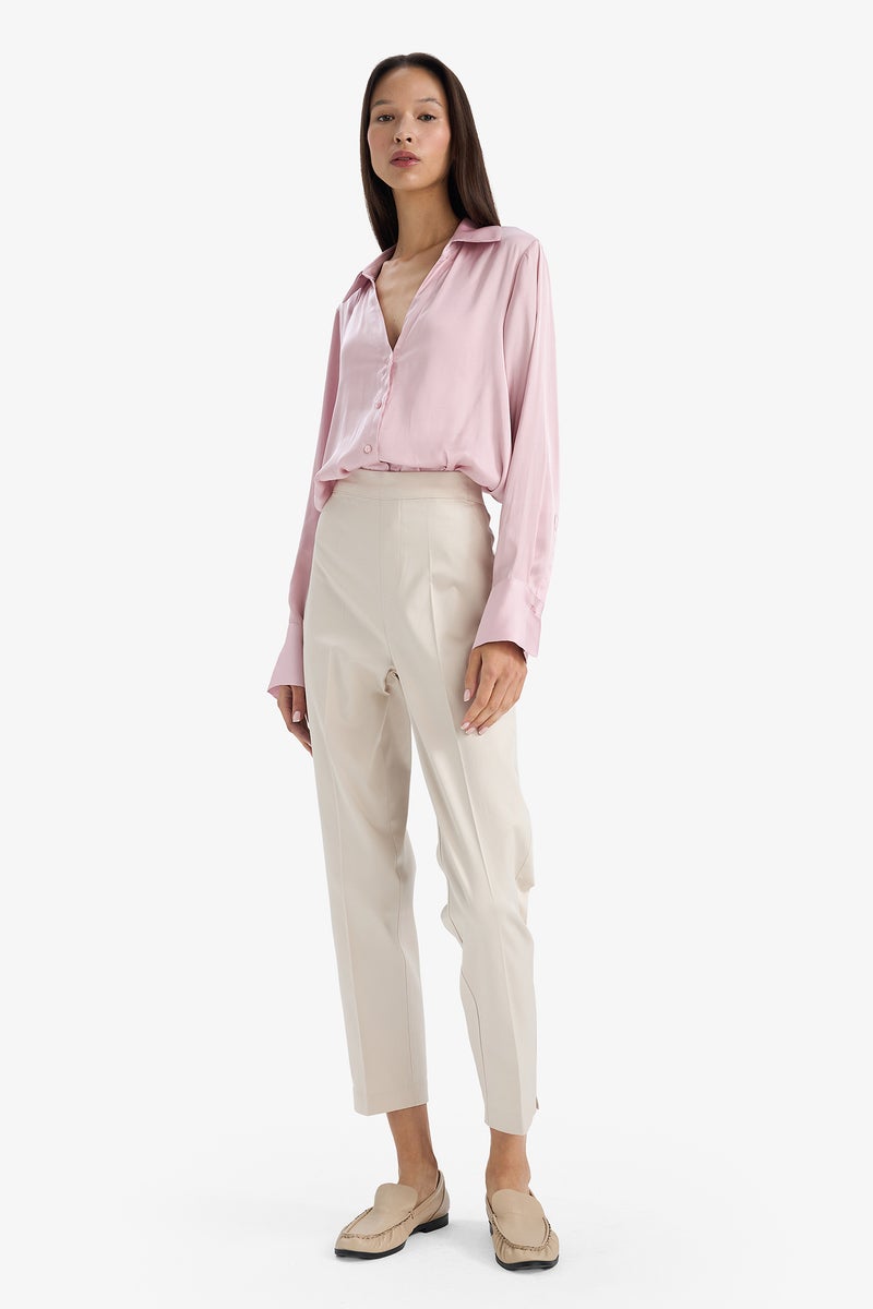 DeFacto Beige Woman Cigarette Elastic Waste Slim Leg Satin Trousers Casual - Image 1